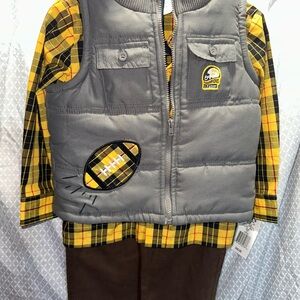 Gray Vest with Yellow Plaid Shirt and Brown Pants Set